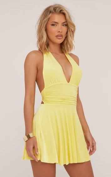 Ego - Plunge Halterneck Open Back Flippy Hem Mini Skater Dress In Pastel Yellow Slinky