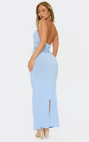 Ego - Plunge Lace Insert Detail Maxi Dress In Blue