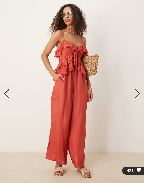 ASOS DESIGN ruffle micro bust viscose jumpsuit with shirred back in rust