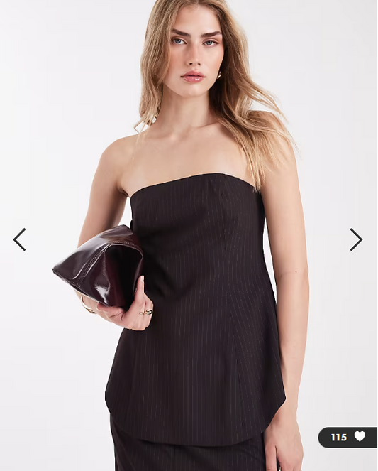 ASOS DESIGN tailored curved hem peplum bandeau co-ord top in burgundy pinstripe