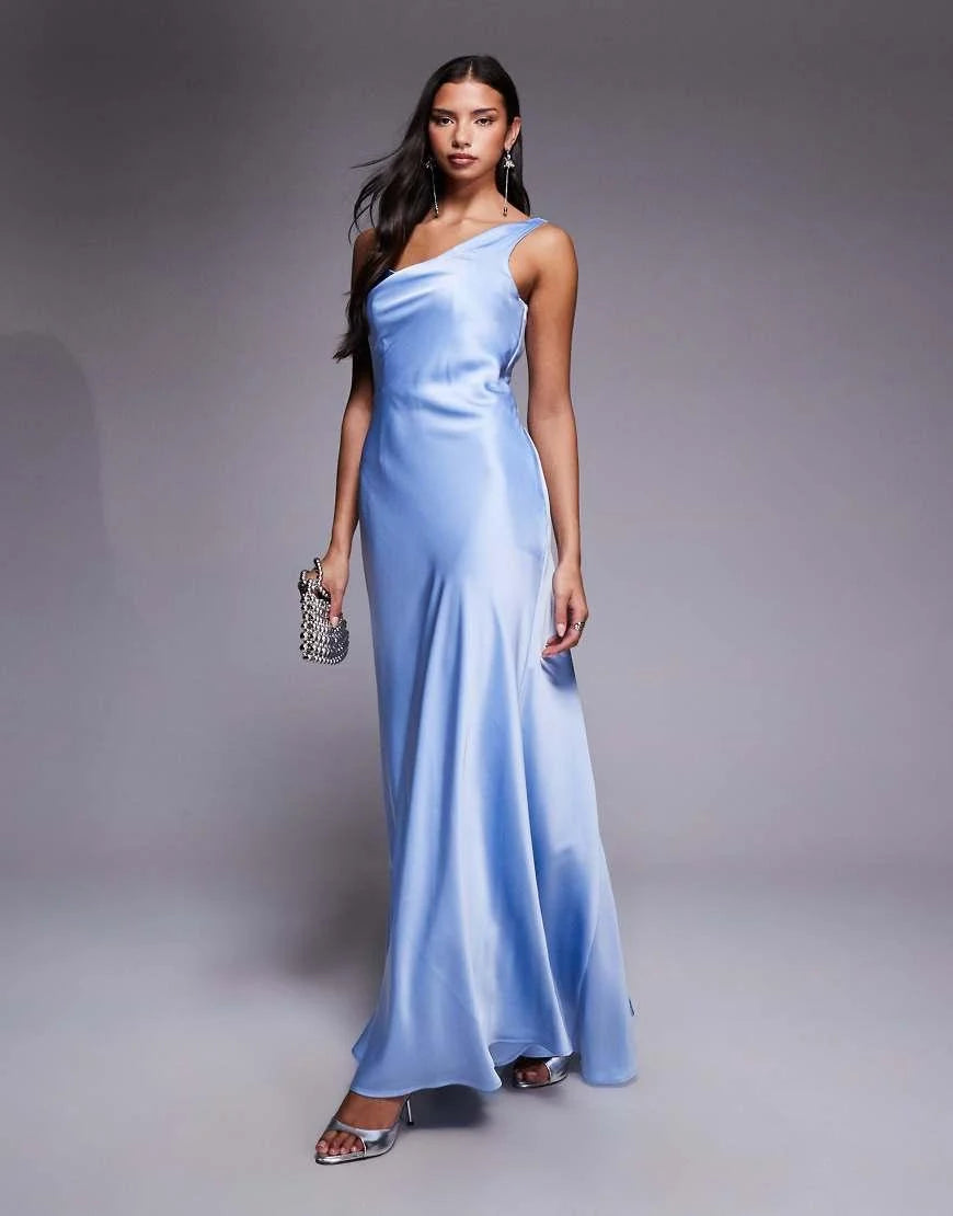 Jarlo Gwen satin one shoulder full skirt maxi dress in blue