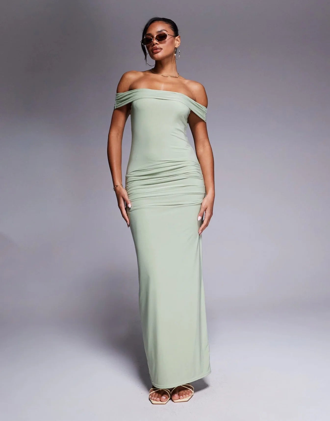 Kaiia exclusive double layered slinky bardot gathered waist detail maxi dress in sage