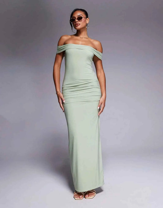 Kaiia exclusive double layered slinky bardot gathered waist detail maxi dress in sage