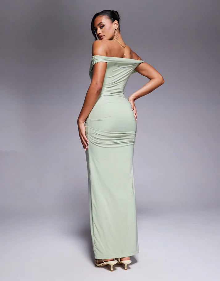 Kaiia exclusive double layered slinky bardot gathered waist detail maxi dress in sage