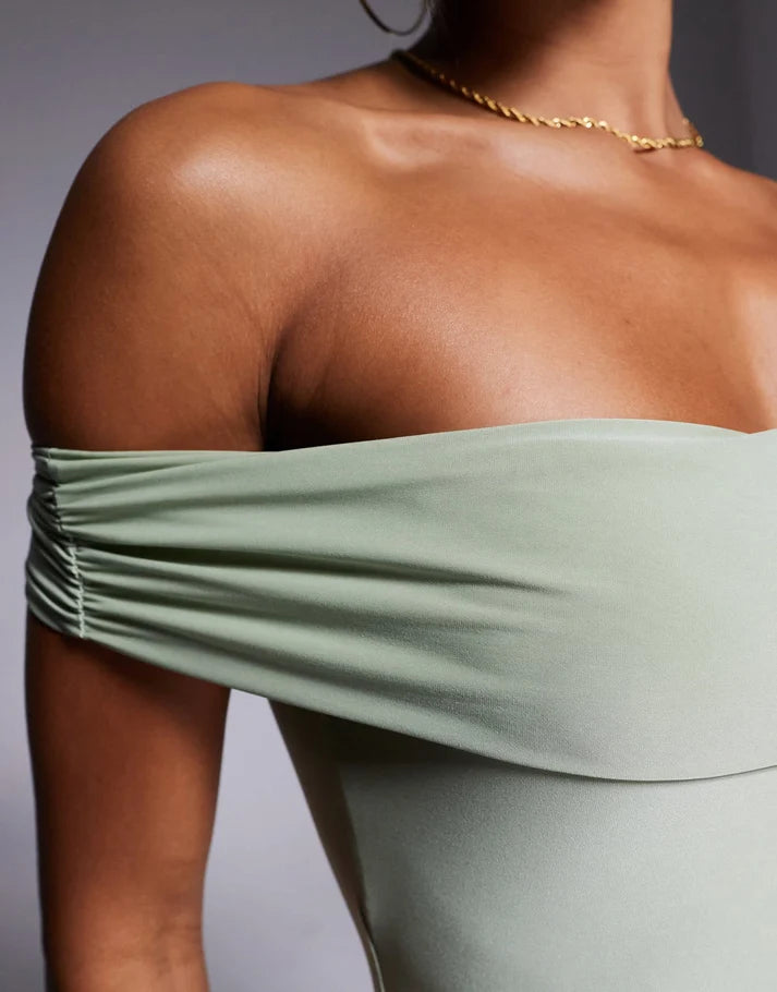Kaiia exclusive double layered slinky bardot gathered waist detail maxi dress in sage