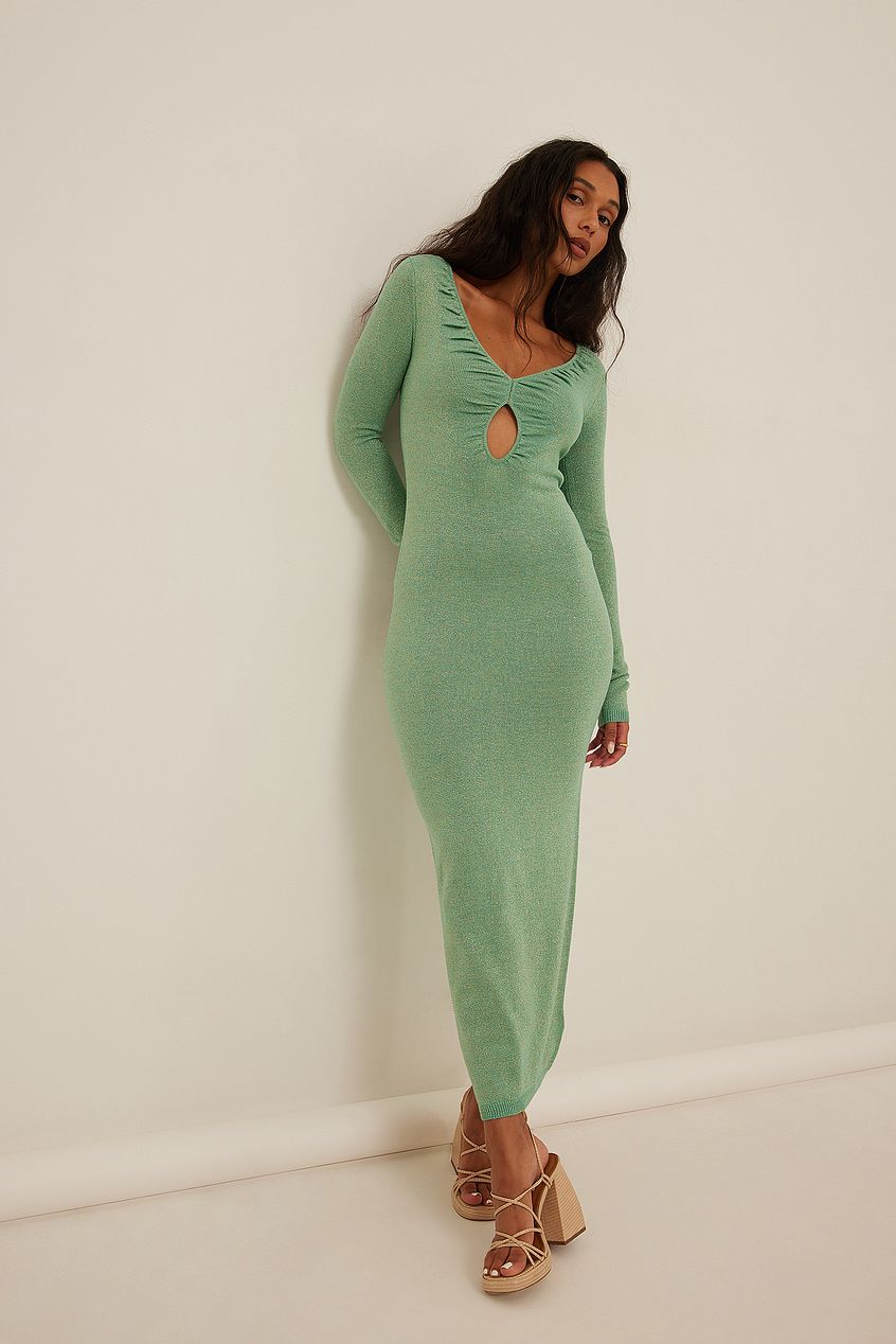 Glitter Knitted Keyhole Rouched Detail Maxi Dress