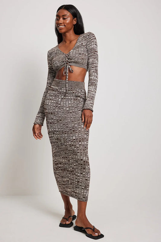 High Waist Knitted Maxi Skirt & Knitted Long Sleeved Lacing Top SET