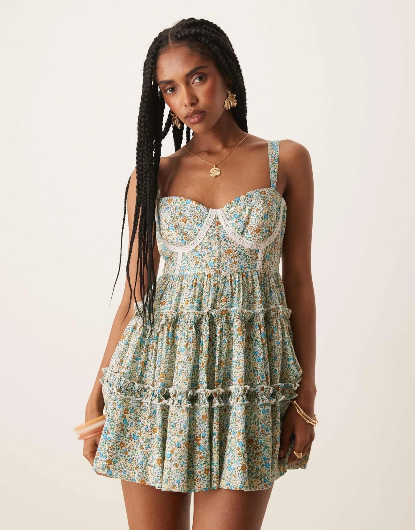 Lace & Beads lace trim corset ruffle mini dress in ditsy floral
