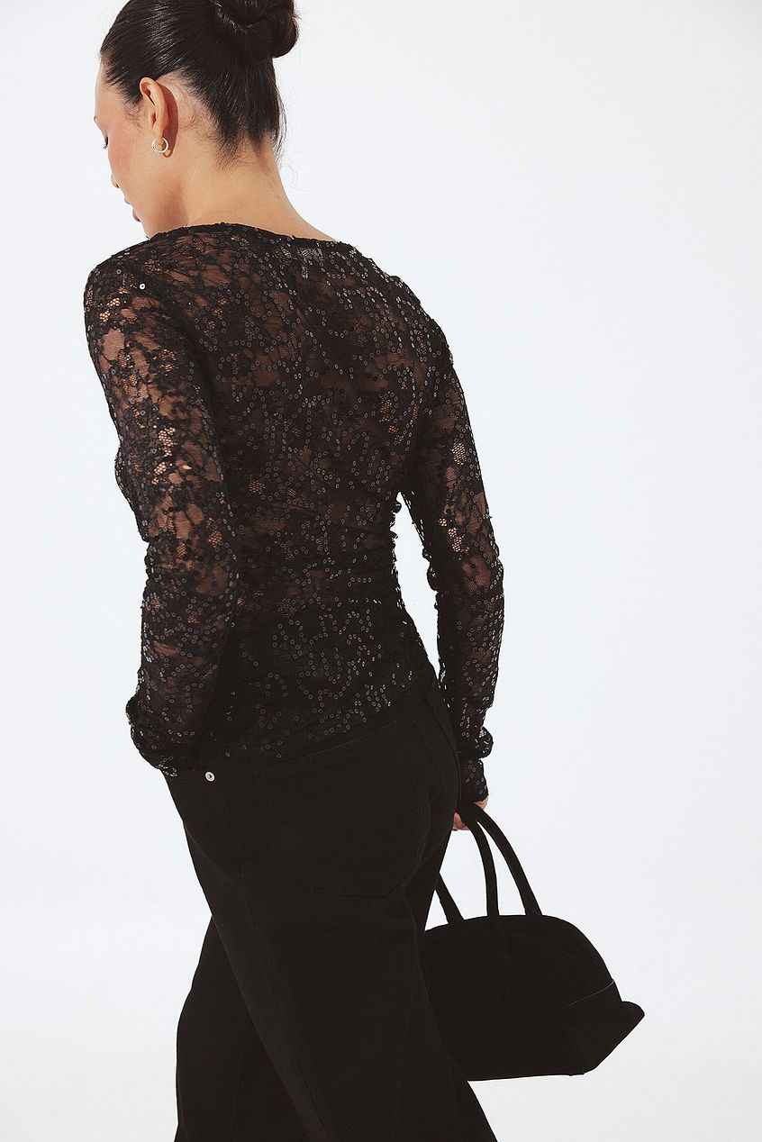Na-kd Lace Sequin Long Sleeve Top