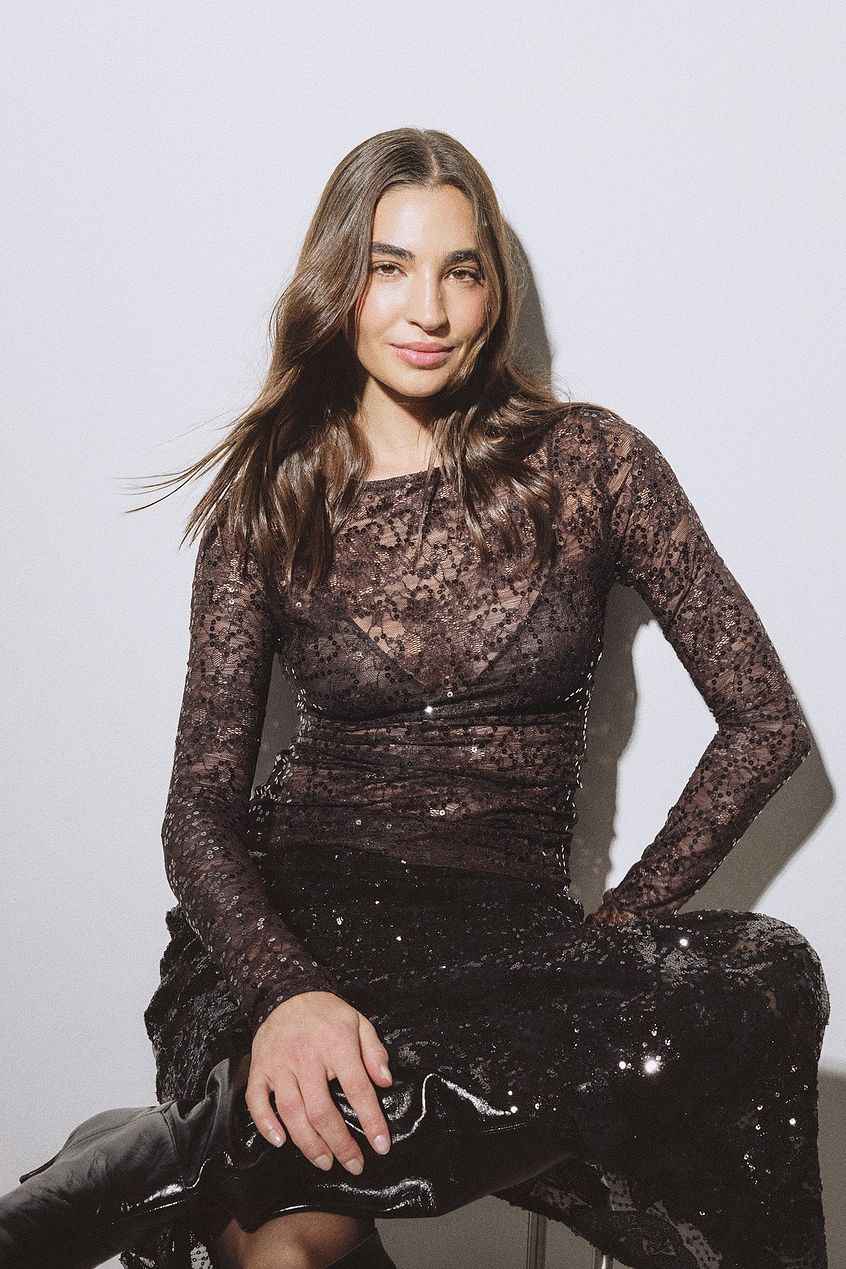 Na-kd - Lace Sequin Long Sleeve Top