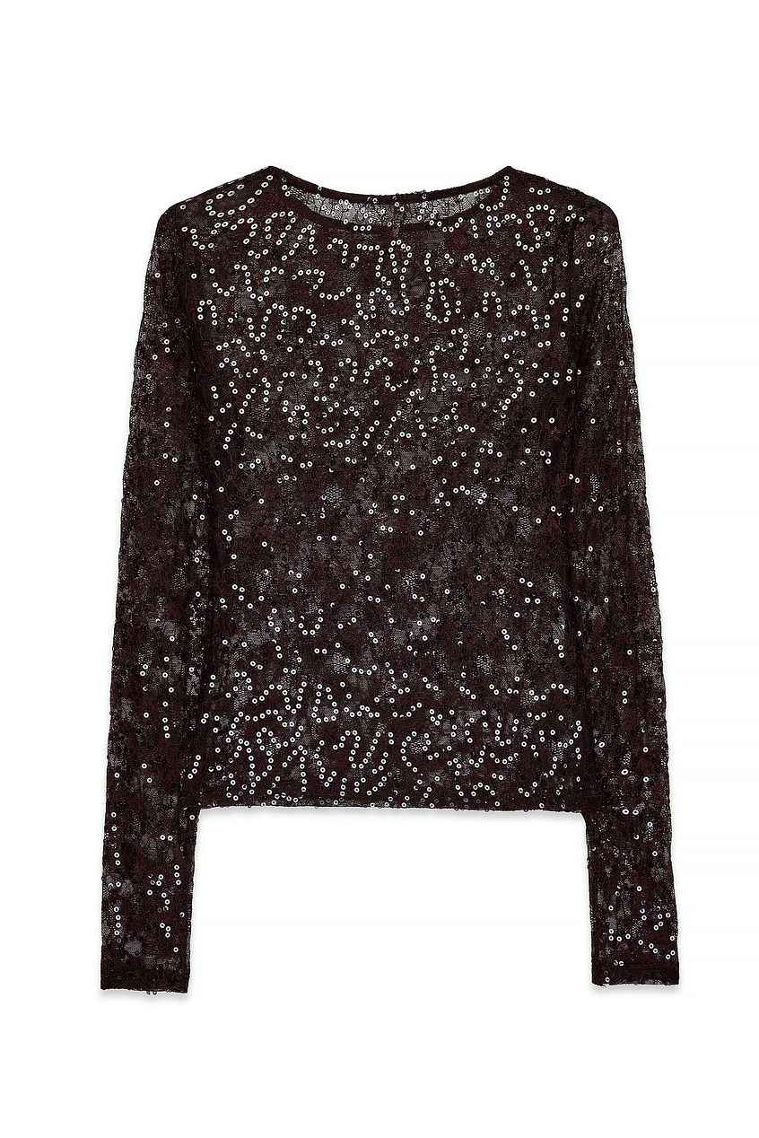 Na-kd - Lace Sequin Long Sleeve Top