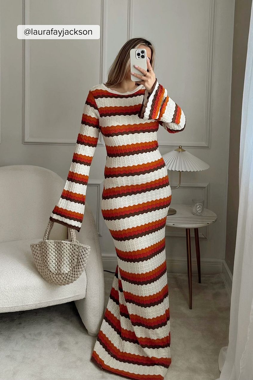 Deep Back Striped Midi Dress