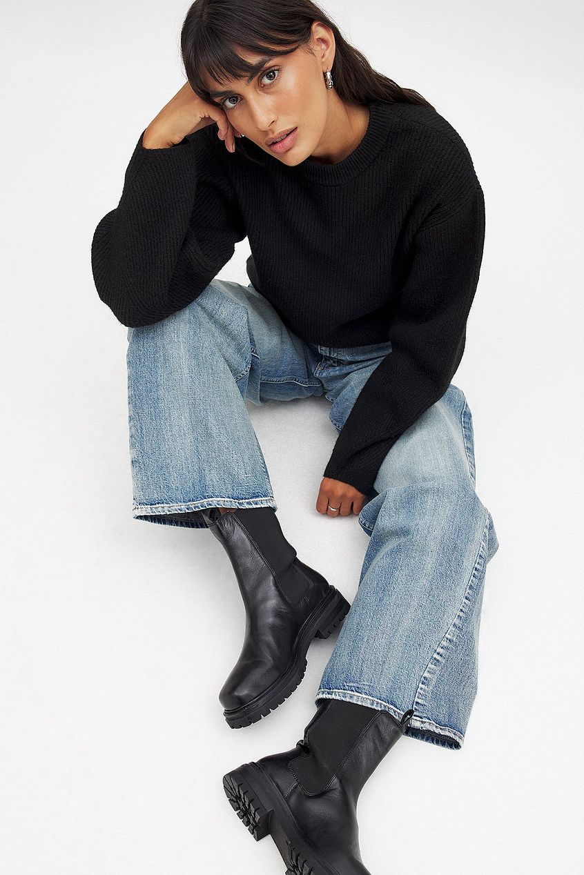 Leather Chunky Flat Sole Boots