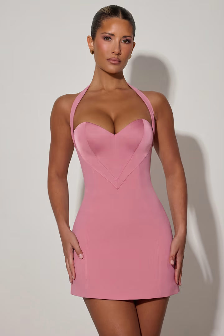 Ohpolly  Heart-Detail Halterneck A-Line Mini Dress in Dusty Pink