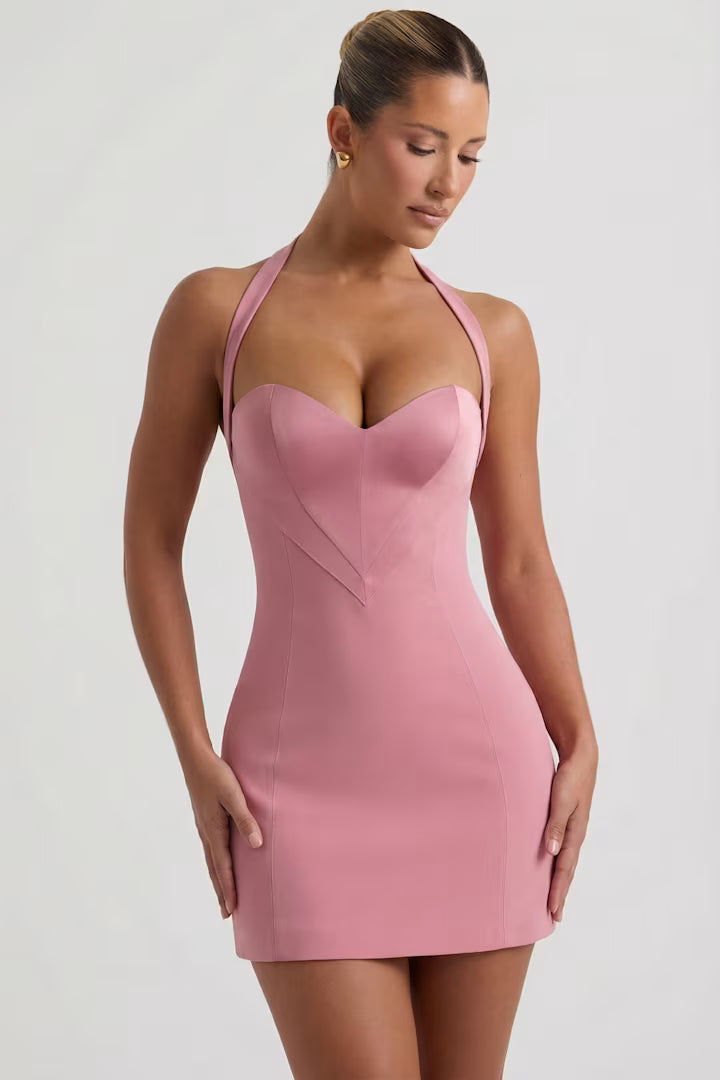 Ohpolly  Heart-Detail Halterneck A-Line Mini Dress in Dusty Pink