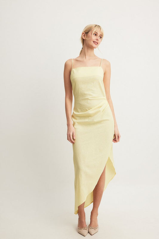 Linen Blend Asymmetric Open Back Midi Dress