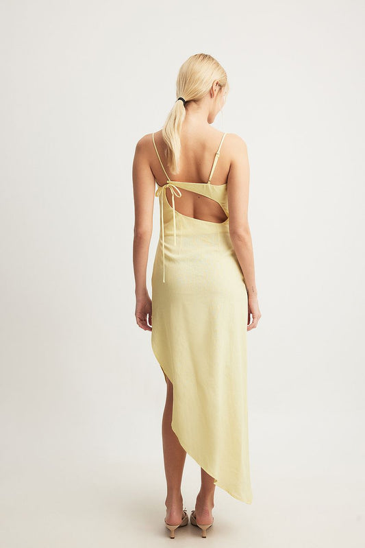 Linen Blend Asymmetric Open Back Midi Dress