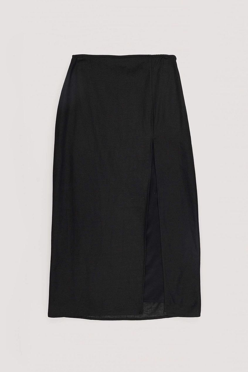 Linen Mix Slit Detail Midi Skirt