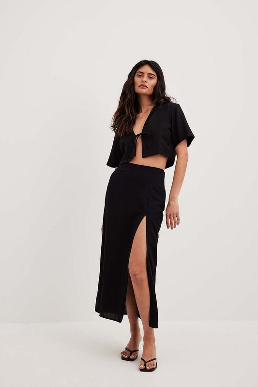 Linen Mix Slit Detail Midi Skirt