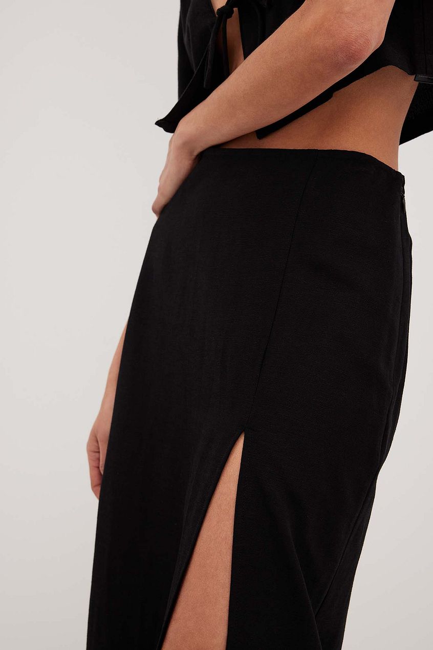 Linen Mix Slit Detail Midi Skirt
