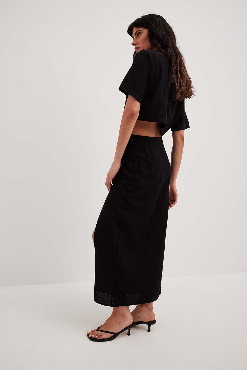 Linen Mix Slit Detail Midi Skirt