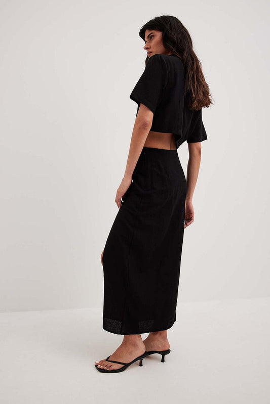 Linen Mix Slit Detail Midi Skirt