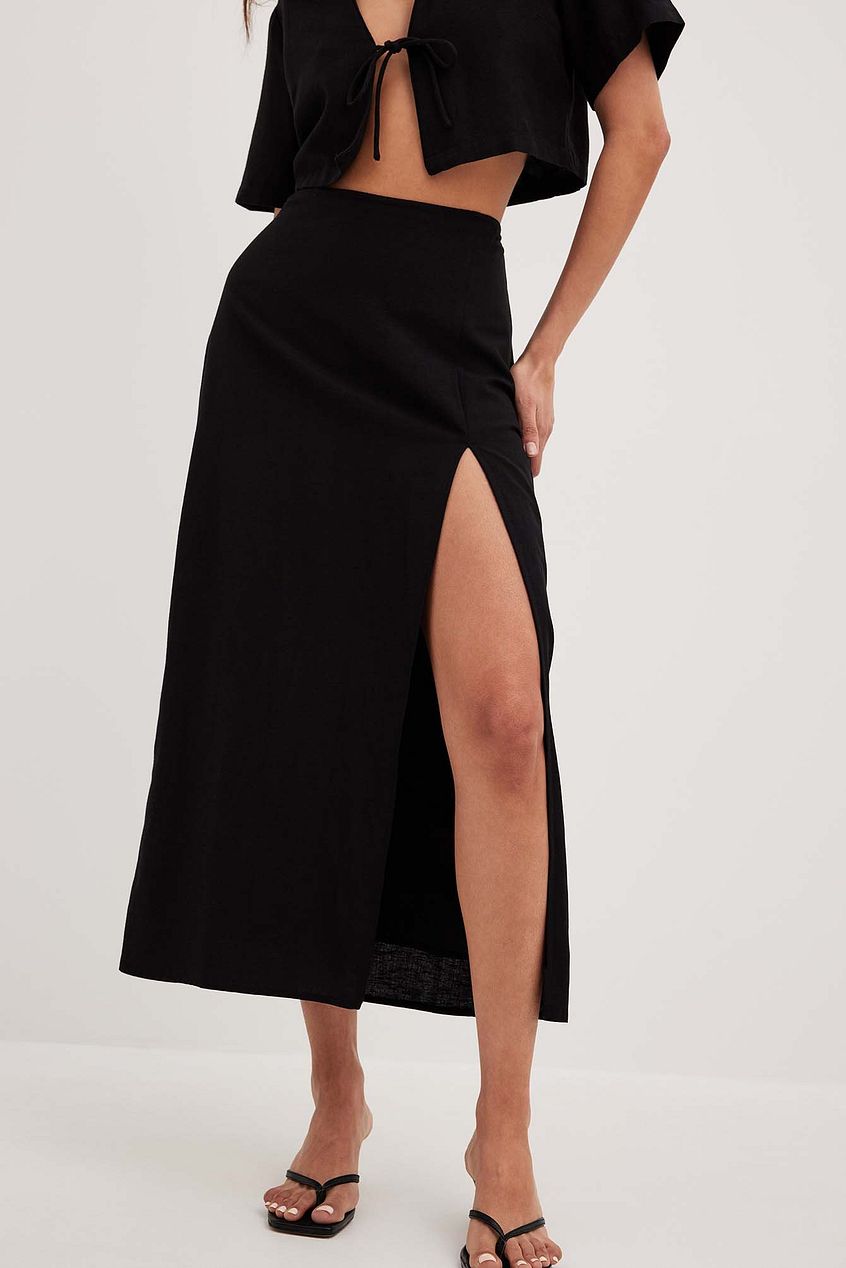 Linen Mix Slit Detail Midi Skirt