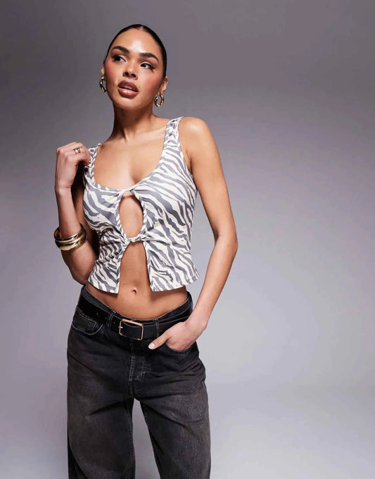 Liquor N Poker zebra cut out vest top in multi