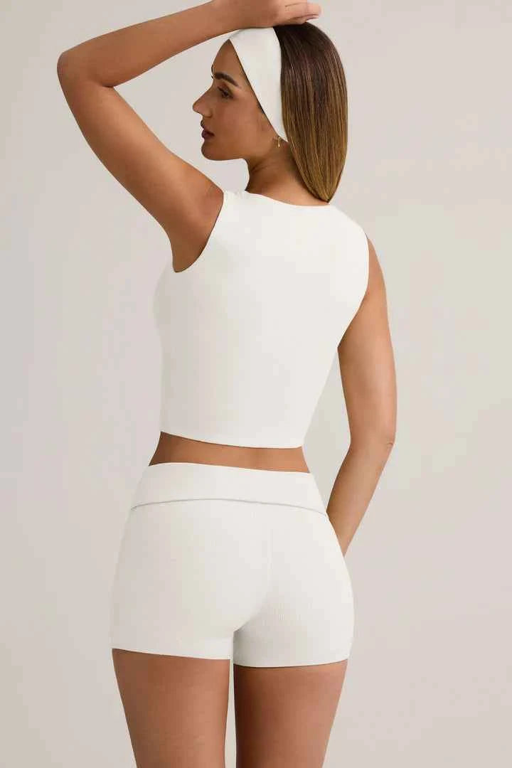 Ohpolly - Modal Ribbed Mid-Rise Foldover Shorts in White