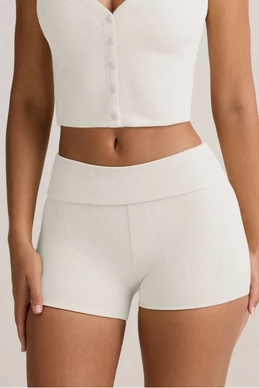 Ohpolly - Modal Ribbed Mid-Rise Foldover Shorts in White
