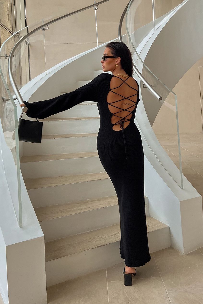 Open Back Lace Detail Knitted Maxi Dress