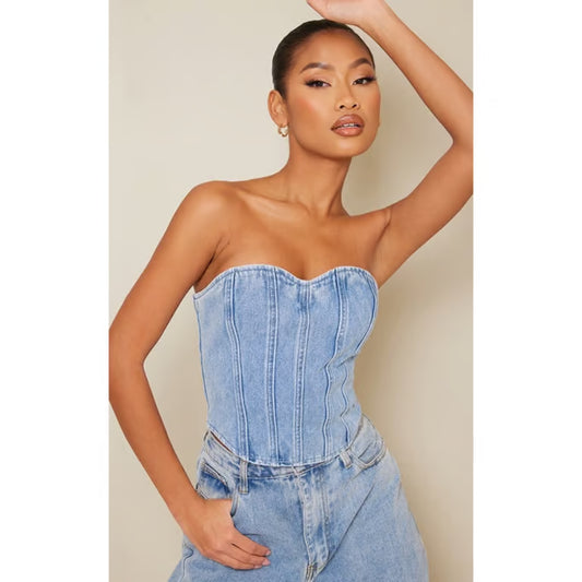 Plt - Acid Blue Wash Seam Detail Denim Corset Top
