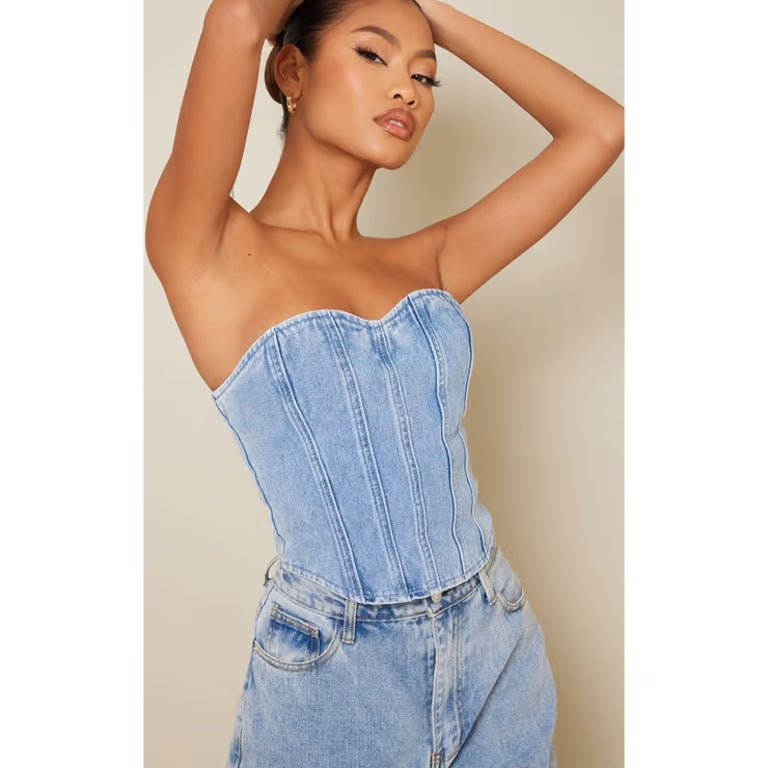 Plt - Acid Blue Wash Seam Detail Denim Corset Top