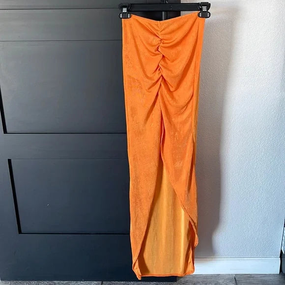 Orange Slinky Ruched Front Maxi Skirt