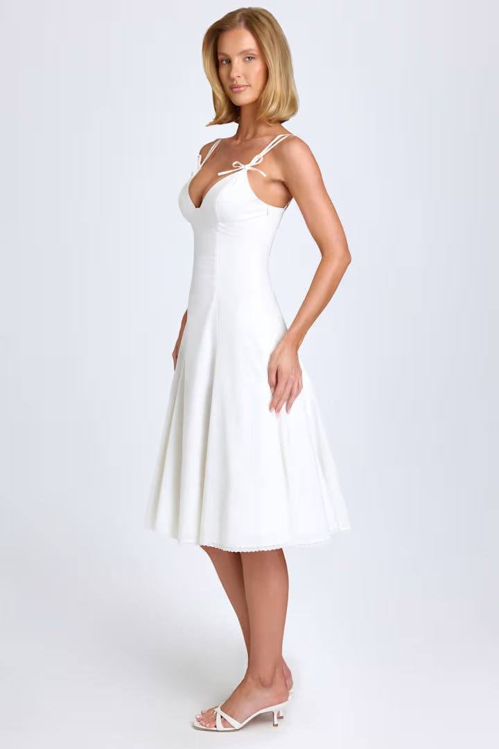 Ohpolly - Bow-Detail A-Line Midi Dress in White
