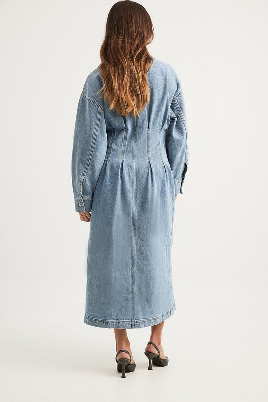 Marked Waist Denim Maxi Dress