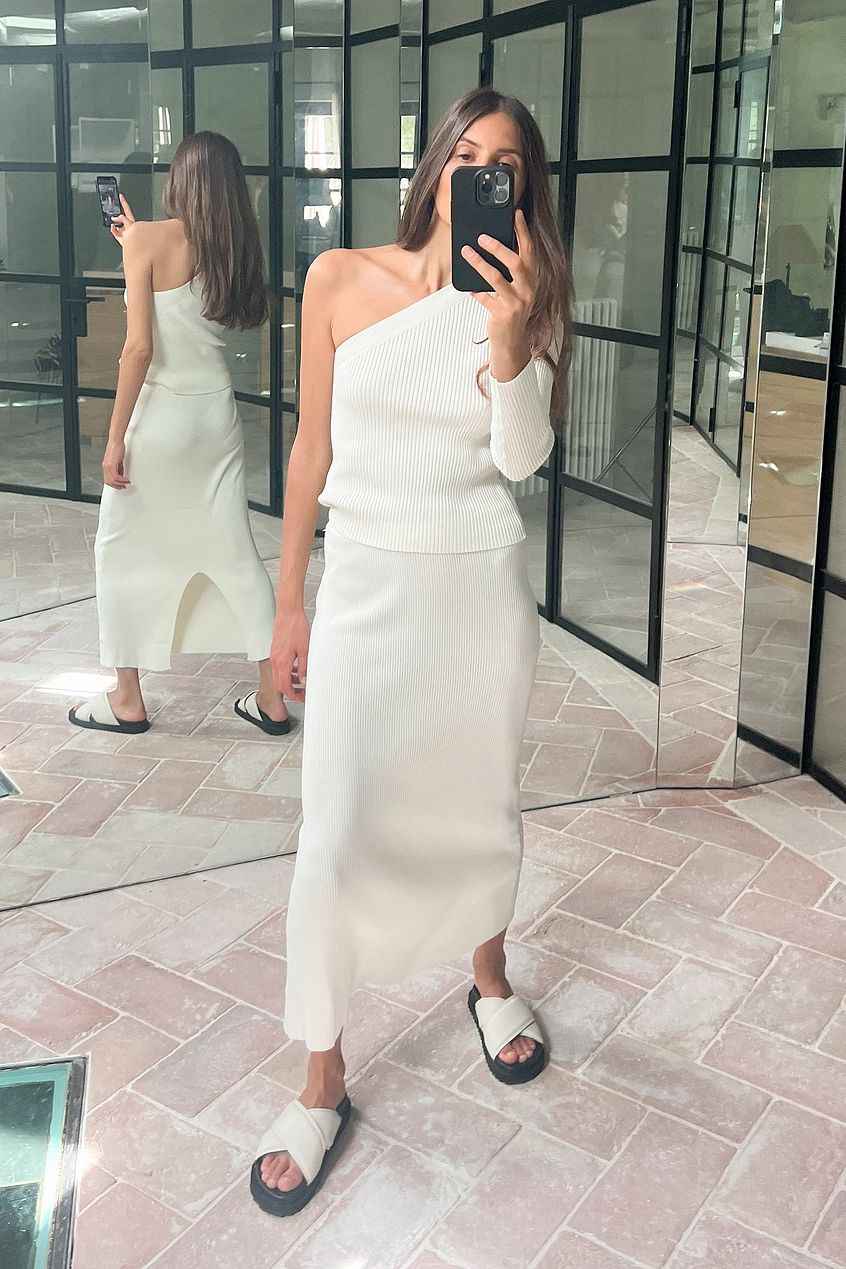 Na-kd Knitted One Shoulder Top & Midi Skirt SET