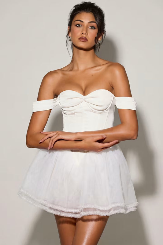 Ohpolly - Off-Shoulder Layered Corset Micro Mini Dress in White