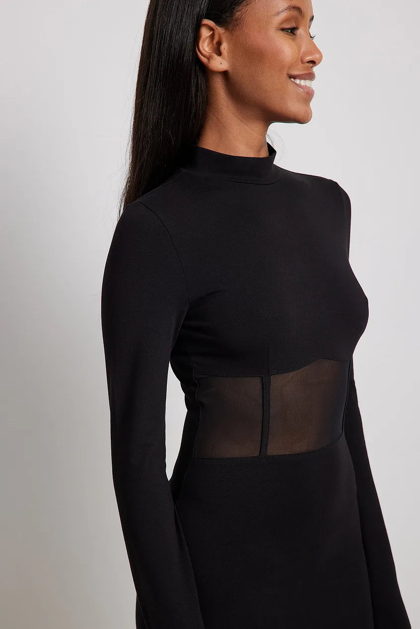 Mesh Detail Long Sleeve Mini Dress