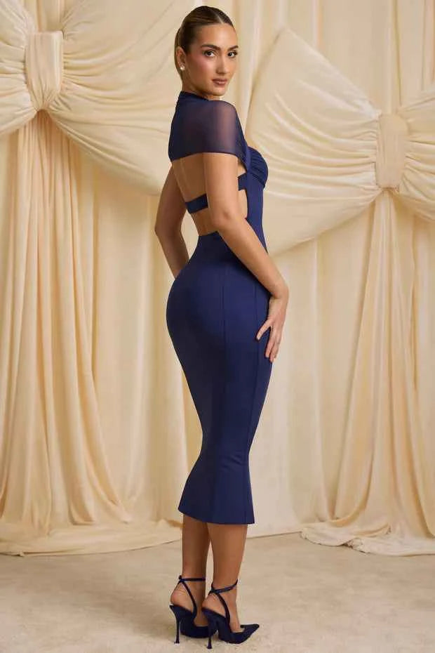 Ohpolly - Slinky Jersey Open-Back Midaxi Dress in True Navy