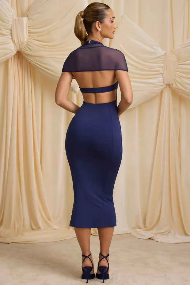 Ohpolly - Slinky Jersey Open-Back Midaxi Dress in True Navy