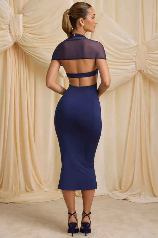 Ohpolly - Slinky Jersey Open-Back Midaxi Dress in True Navy