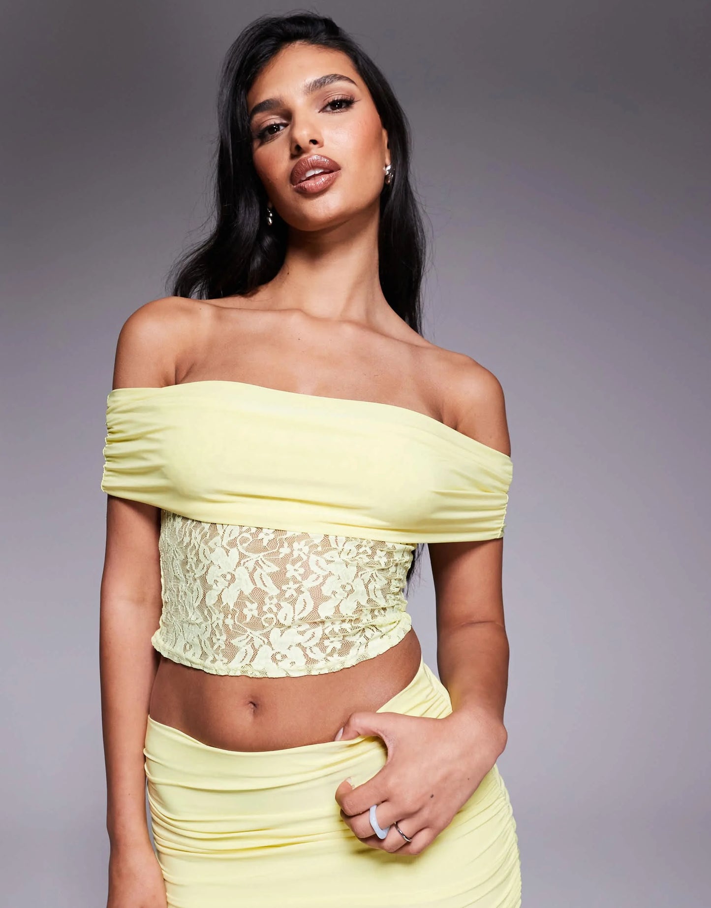 Missyempire slinky deep bardot lace top co-ord in lemon