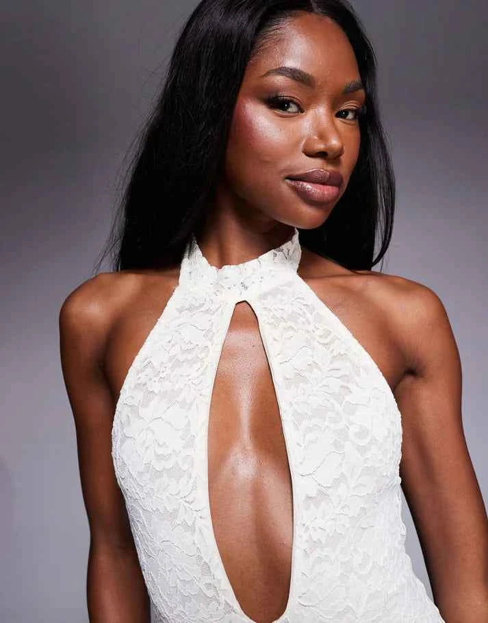 Murci exclusive lace high neck cut out drape detail mini dress in cream