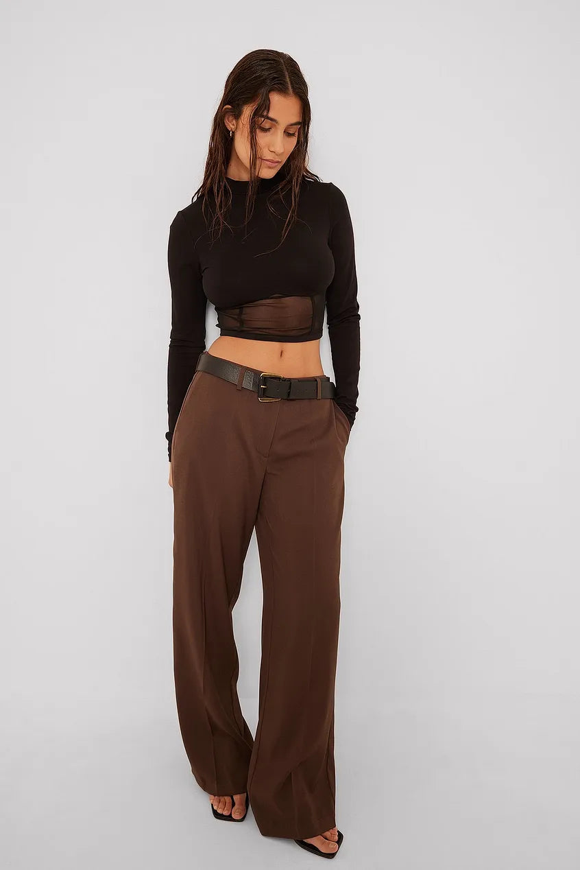 Cropped Mesh Detail Long Sleeve Top
