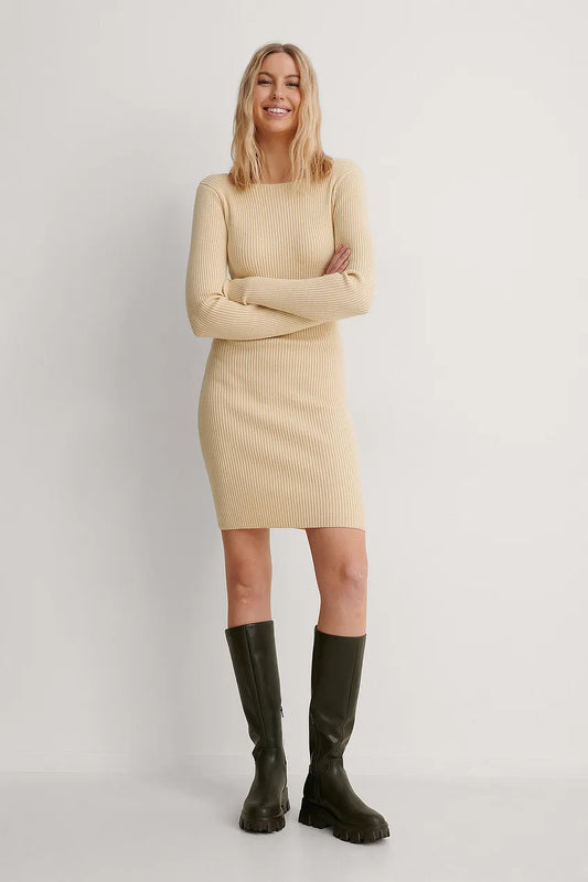 Back Detail Knitted Dress Beige