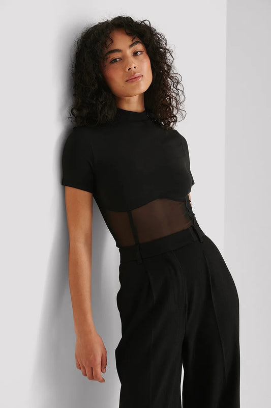 Cropped Mesh Detail Top Black