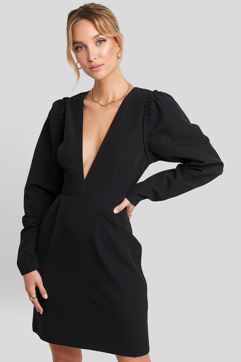 Deep V-Neck Puff Long Sleeve Mini Dress