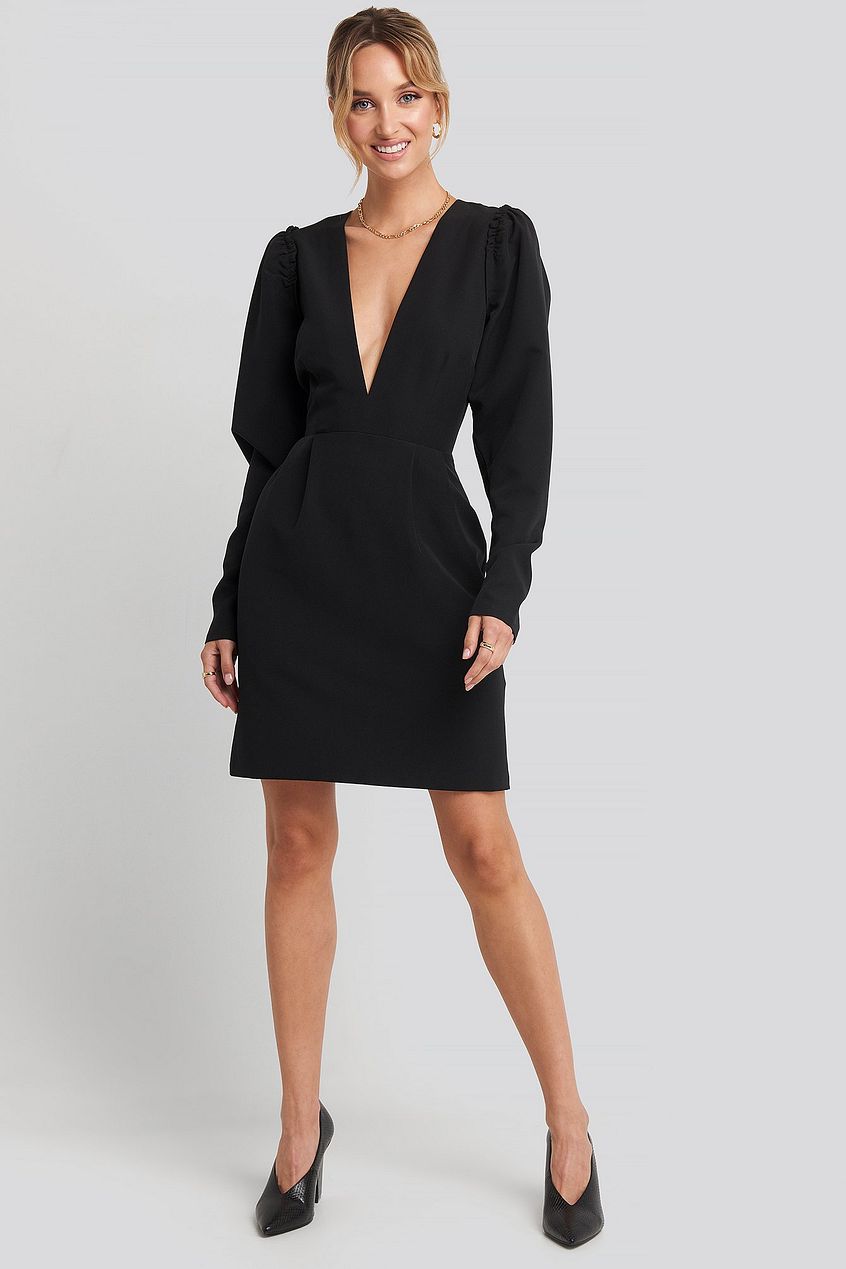 Deep V-Neck Puff Long Sleeve Mini Dress