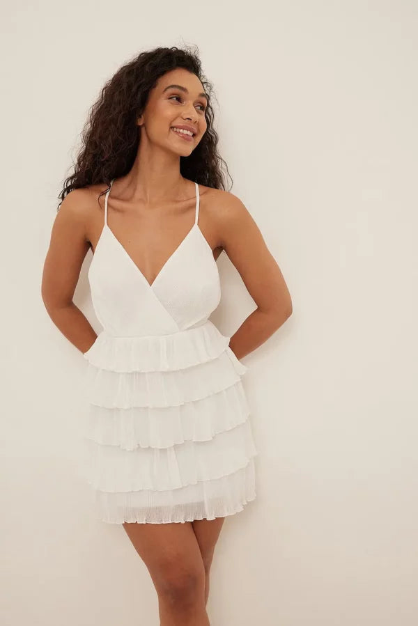 Flounce Plissé Dress White